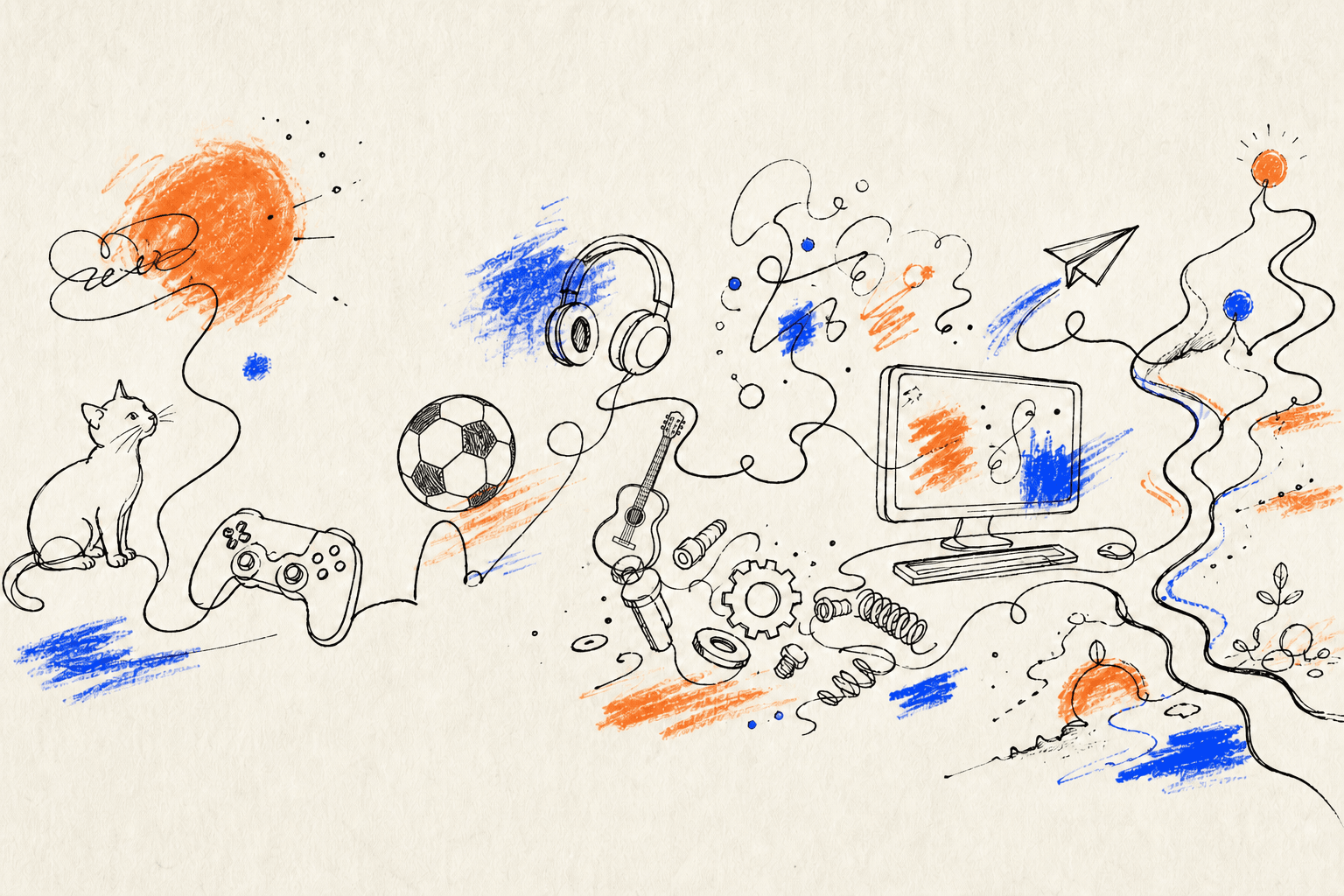 A hand-drawn sketchbook of a cat, games, music, gadgets, and connected ideas